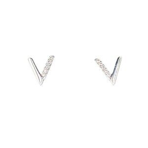Sterling Silver "V" Shape Stud Earrings Sparkling Cubic Zirconia Accent 1/4"